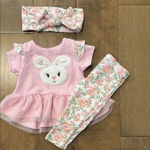 Pink Bunny Baby Outfit with Floral Leggings and Headband